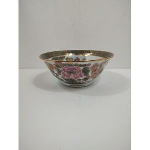 Vintage Oriental Display Bowl‎ Green Gold Mauve Floral 8.5" Ornate Flowers